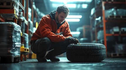 A technician measures the tread depth of a tire in a warehouse workshop, emphasizing precise, analytical, and technical details.