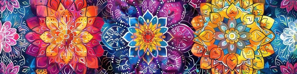 Poster colorful floral mandalas display intricate patterns, blending vibrant hues for an uplifting visual e