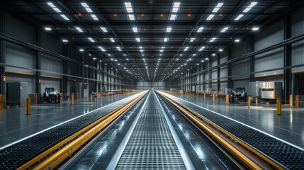 Obraz premium A modern warehouse interior featuring automated conveyor belts, with a high-tech and efficient layout in a well-lit environment.