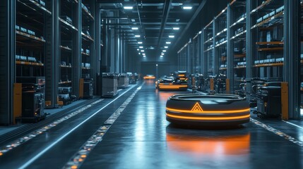 Fototapeta premium An automated warehouse featuring robotic carts and drones managing inventory, showcasing a high-tech, futuristic, and seamless operation environment.