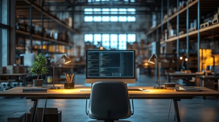 A modern computer setup in a warehouse office with bright lighting and an organized workspace, creating a professional and technological atmosphere.