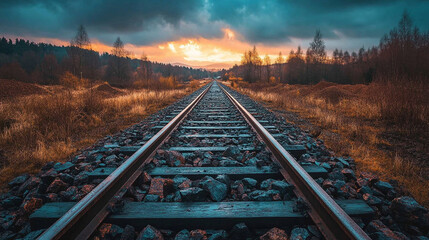 Fototapeta premium conveyor belt transports rough ore rocks under a moody evening sky, symbolizing the relentless flow of industry and the natural world's raw beauty, juxtaposed in a harmonious yet gritty landscape