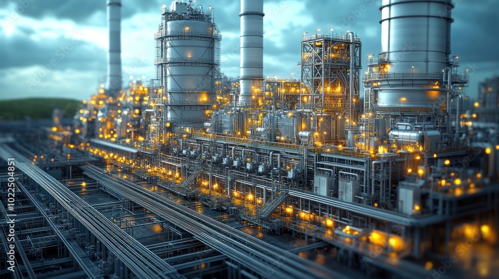 Poster industrial complex with illuminated structures and pipes at dusk.