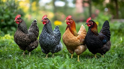 Fototapeta premium Four hens of different breeds standing in a row on green grass.