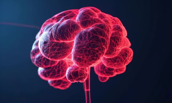 Intricate red neural network pattern representing the complex connectivity and electrical impulses of the human brain s anatomy and neuroscience  Concept of intelligence cognition 