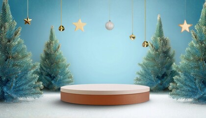 Festive podium with realistic decorations, New Year atmosphere, 3D render realistic.