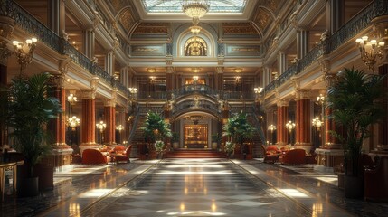 Fototapeta premium Elegant hotel lobby with grand architecture and luxurious decor.