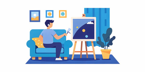 Candid Shot of a Person Painting a Canvas in a Cozy Living Room | Natural Light & Serene Surroundings Enhance Creativity in Photo Stock Concept