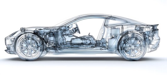 A line art 3D illustration displays a modern car chassis x-ray