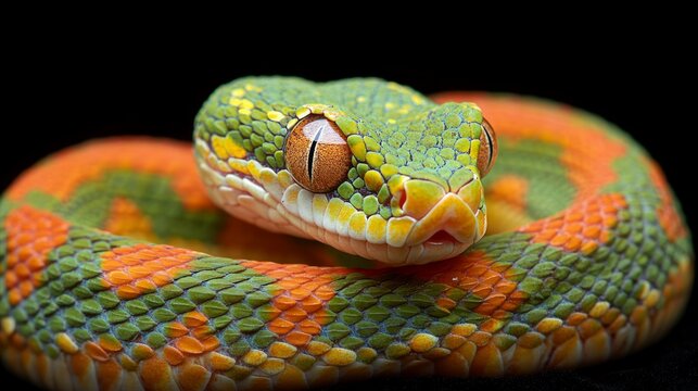 A close-up of a green and orange snake with bright orange eyes, coiled on a black background.