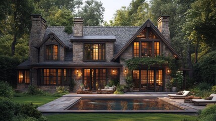 Elegant stone house with a pool surrounded by lush greenery.
