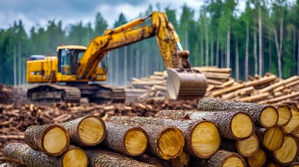 Excavator working in a lumber yard with logs stacked.