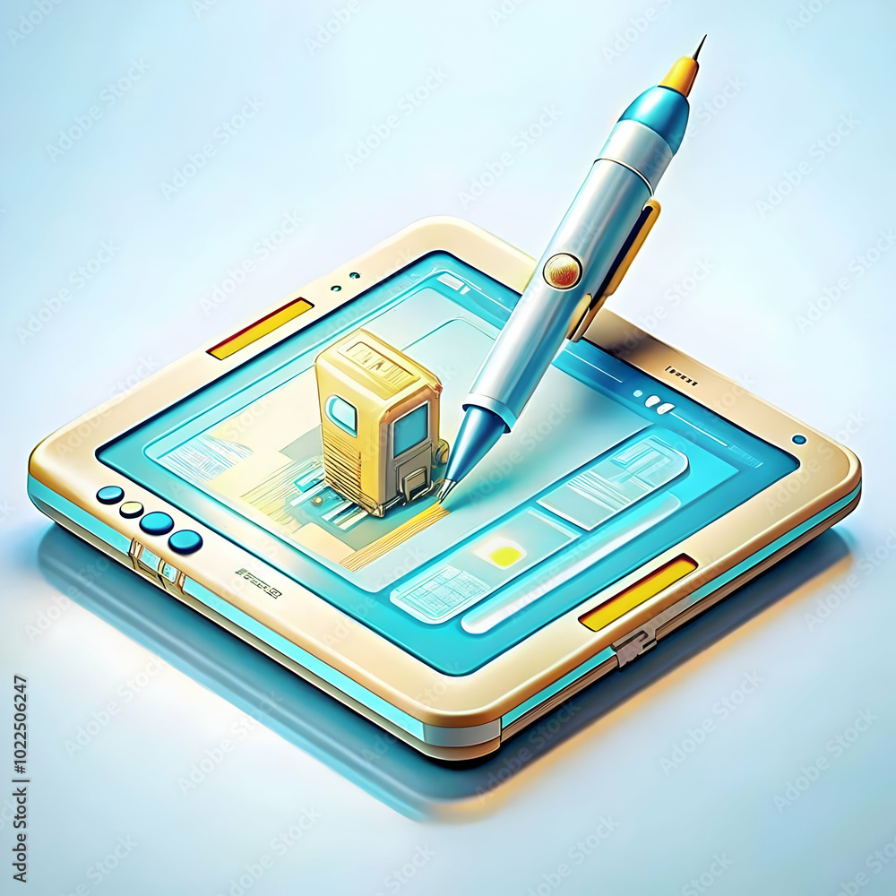 Poster close-up of digital pen writing on tablet with futuristic interface - macro image showcasing creativ