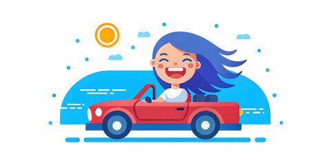 Joyful Young Woman Driving Convertible along Scenic Coastal Highway - Tracking Shot Captures Laughter and Ocean View in Stock Photo Concept