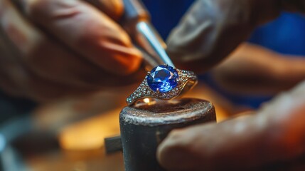 A jeweler polishing a sapphire ring, adding the final touches before presenting it to a client.