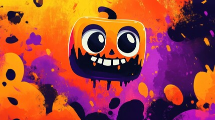 A cartoon-style Halloween candy character with big, eyes and smile, standing in the center. The candy has simple, playful features and is wrapped in bright orange and black. 
