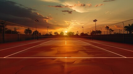 A breathtaking sunset casts warm hues over an empty red clay tennis court, capturing the perfect serenity and beauty of the sport's peaceful environment.
