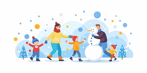 Gentle Digital Art of a Family Enjoying a Snowy Day: Playful Winter Scene with Snowman and Bokeh Elements Highlighting Joy and Magic in a Soft Focus Abstract Background