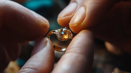 A jewelry designer working on a custom-made ring, carefully setting a gemstone.