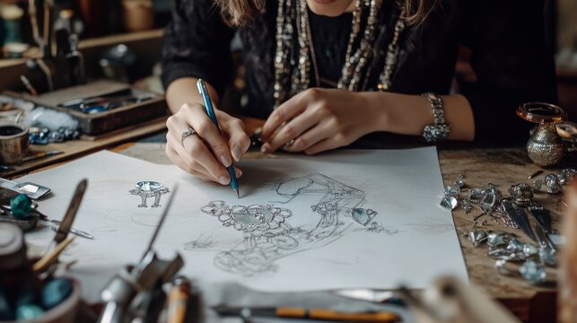 A jewelry designer sketching a new piece, surrounded by gemstones and tools in a creative workspace.