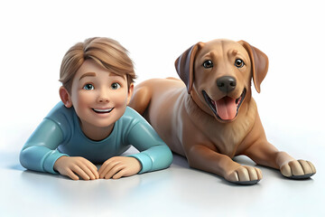 Therapy Dog with Child on Floor Against Plain Background | Pet Therapy Relaxation Moment with Ample Copy Space for Stock Photo