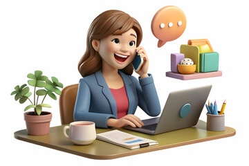 Candid Shot of a Woman Laughing on Phone Call in Home Office, Capturing the Joy of Working from Home with Laptop and Notes