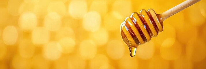 Close up of Golden Honey Dripping from a Wooden Dipper