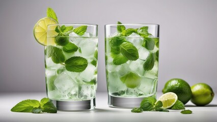 A classic mojito with fresh mint leaves and lime wedges, in a clear glass with ice, isolated on white background