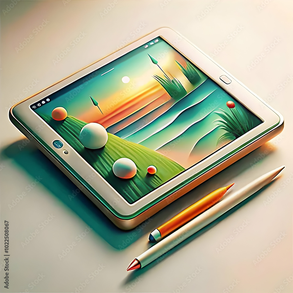 Poster minimalist image of tablet and stylus on plain background with copy space - creative and modern work
