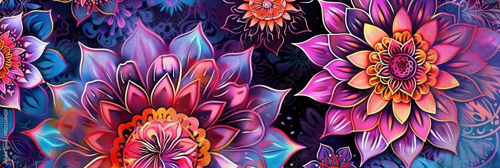 Poster brightly colored floral mandalas featuring intricate patterns and designs fill the dark background, 