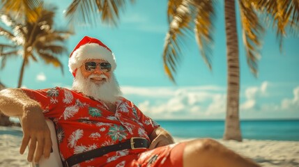 Obraz premium Santa Claus relaxing on a tropical beach under palm trees during a sunny day