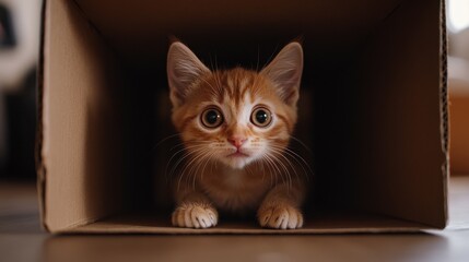 A kitten sitting inside a cardboard box, looking out with wide, curious eyes as it plays in its new fort.