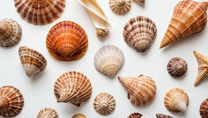 Seashells of various shapes and sizes arranged on a beige background 4