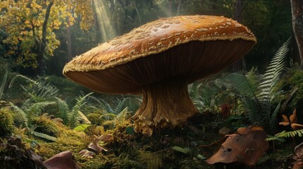 Fototapeta premium A large mushroom with a wide cap growing in a clearing, surrounded by ferns and other woodland plants.