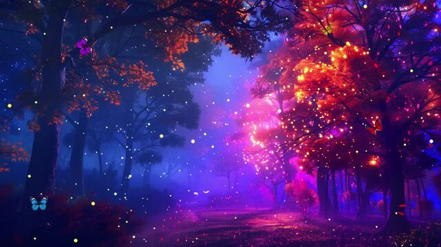 colorful magical dark fairy tale forest at night seamless looping overlay 4k virtual video animation background
