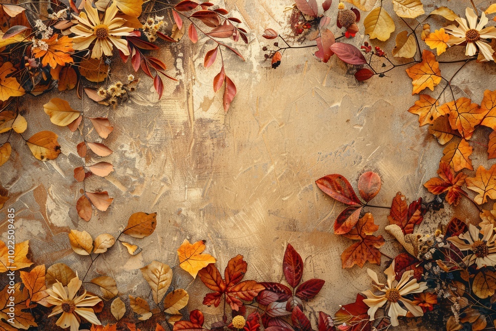 Poster this artwork features a rich display of vibrant autumn leaves and flowers in warm tones arranged bea