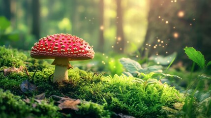 A large, red-capped fly agaric mushroom standing out against a lush green forest floor.