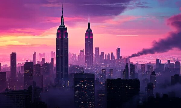 A Cityscape with Two Tall Skyscrapers at Sunset