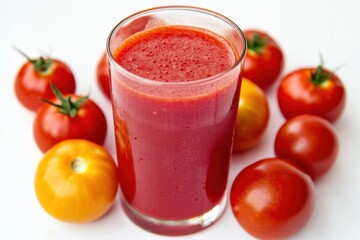 A refreshing glass of tomato juice surrounded by ripe tomatoes, showcasing a healthy beverage option.