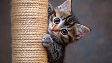 A mischievous kitten climbing a scratching post, looking down from the top with wide, curious eyes.