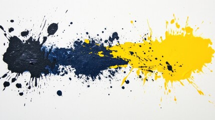 Abstract splashes of navy blue and bright yellow paint on a white background.