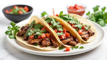 A dish of Mexican street tacos with grilled meat, salsa, and fresh cilantro, served on a white plate, isolated on white background.-