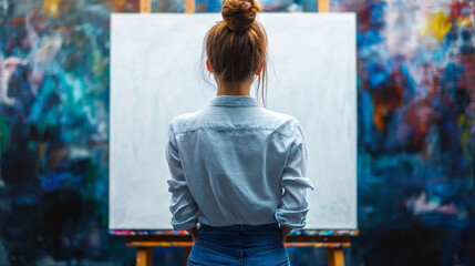 female painter stands facing a large canvas, her back to the camera, symbolizing creativity, introspection, and artistic focus. The scene evokes themes of self-expression and dedication to craft