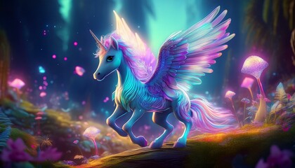 Fantastic unicorns and Pegasus animals that shine with nature in fantasy backgrounds