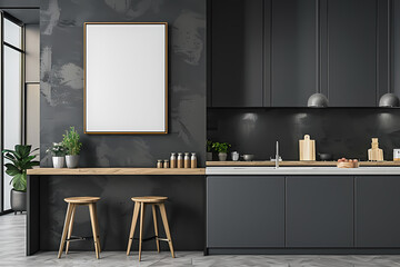 Modern kitchen featuring a sleek design with dark cabinets, wooden accents, and minimalist decor, creating a stylish and inviting atmosphere.