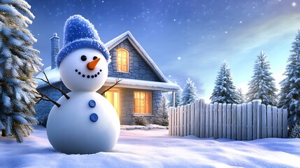Obraz premium A friendly snowman positioned at the front gate of a cozy stone cottage, surrounded by pine trees and a wooden fence, with frost clinging to every surface. Warm light spills out from the windows,