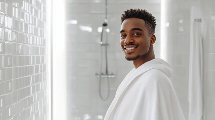 A man standing in a bathroom, wrapped in a white towel, smiling warmly at the camera. The bathroom is modern with a clean, minimalist design, and the light reflects softly off the tiles.