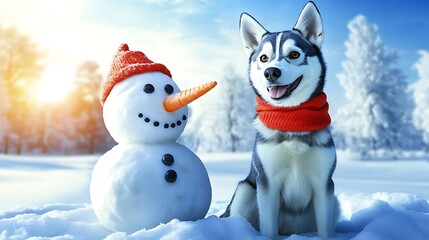 A happy dog sitting beside a snowman in a snow-covered park, with both the dog and snowman looking towards the camera. The snowman has a red scarf and a carrot nose, while the dog, a husky,