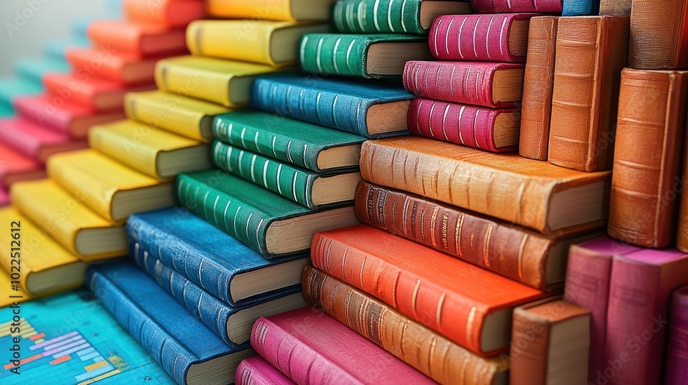 Poster a vibrant stack of colorful books arranged in a gradient.