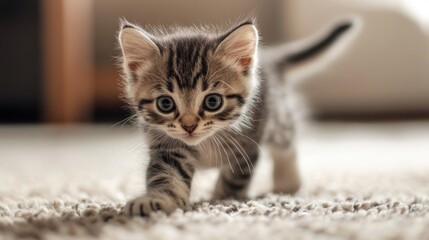 Obraz premium A tiny kitten chasing its own tail in circles on a soft carpet, filled with energy and curiosity.